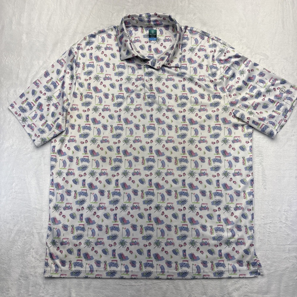 Pro Tour Coolplay Golf Polo Men 2XLT Novelty Print Golf Cart Allover Resort Wear